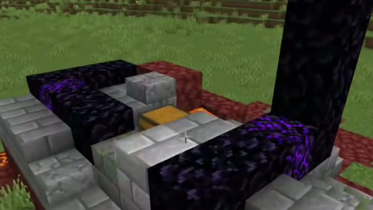 Crying Obsidian Hill Portal and Beachside River Village: Ruined portal with crying obsidian and a loot chest on a grassy hill