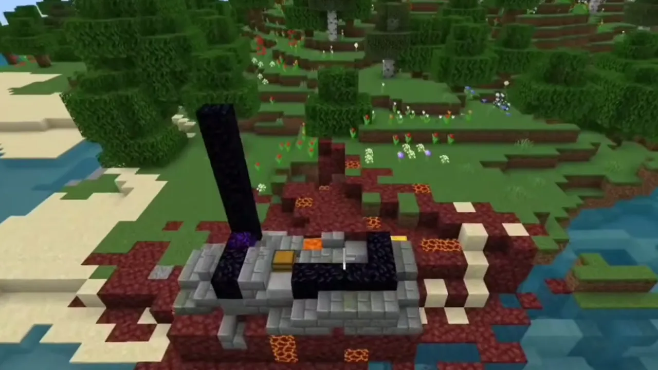 Shoreline Fallen Portal and Terraced Hillside Village: Shoreline ruined portal with a tall obsidian pillar and fallen frame by the water