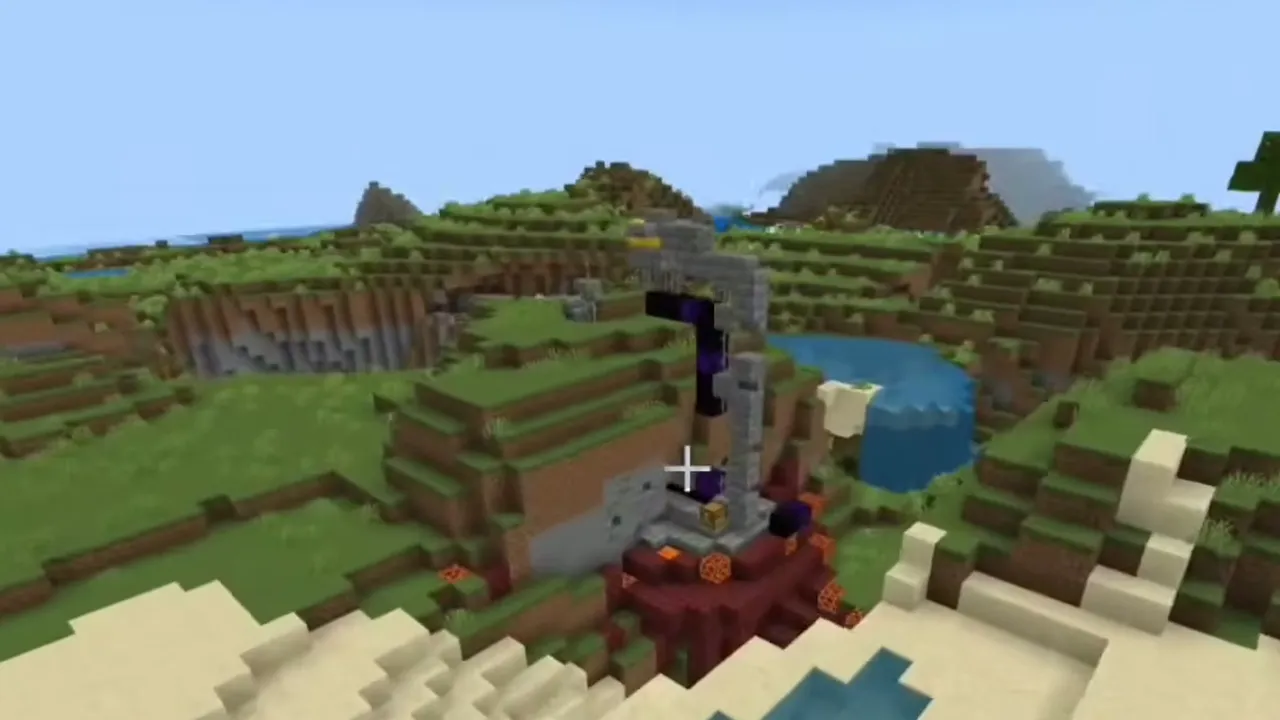 Sandy Riverbank Portal and Lakeside Plains Village: Tall ruined portal on a sandy riverbank with netherrack and a loot chest