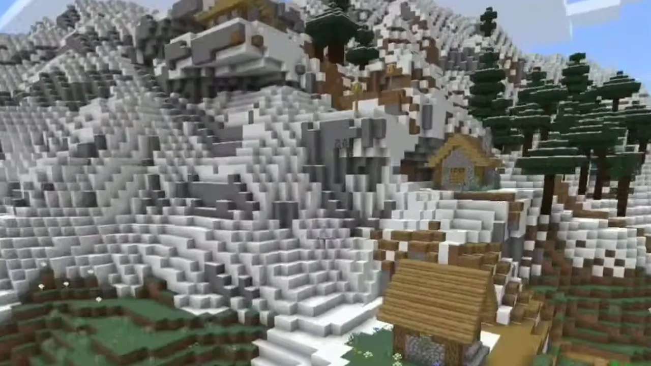 Meadow Ruined Portal and Snowy Mountain Slope Village: Village houses climbing a steep snowy mountain slope near spruce trees