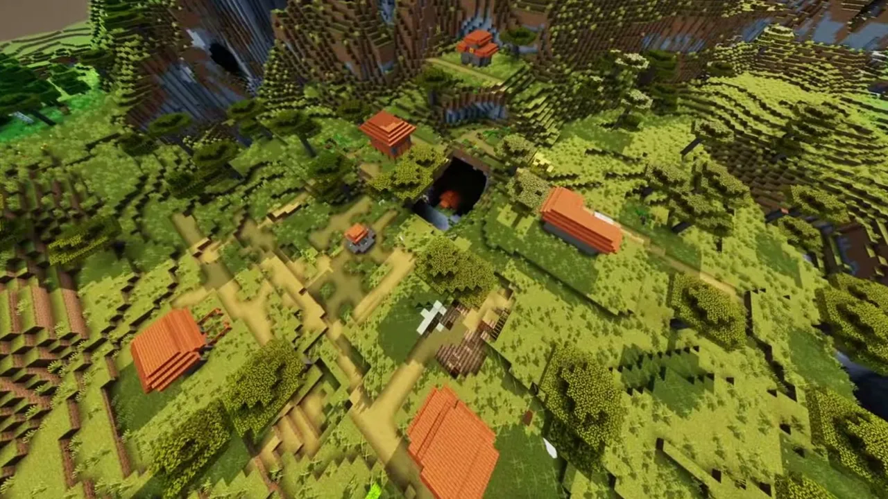 Broken Savanna Arch Village: closer overhead view of acacia houses and farm plots beneath the stone arch