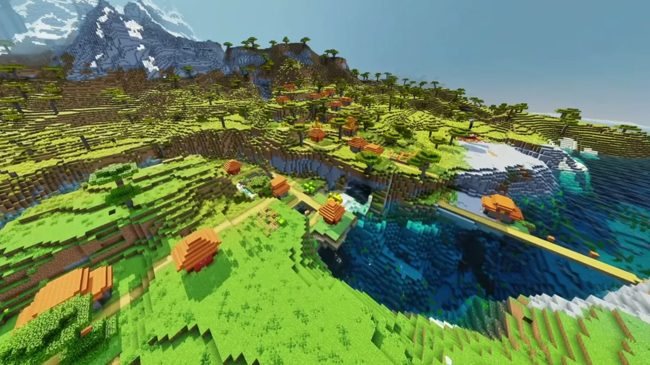 Endless Savanna Settlement: closer view of acacia houses, a wooden bridge across the bay, and a ruined portal