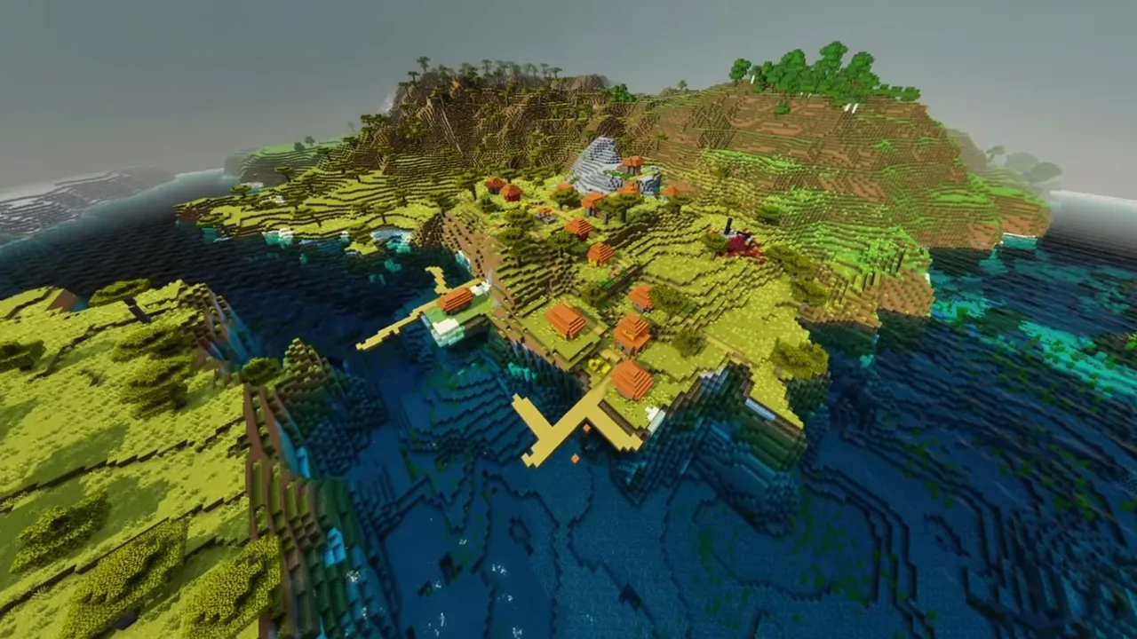 Crescent Coast Settlement: closer view of acacia houses, wooden piers, and a ruined portal by the bay