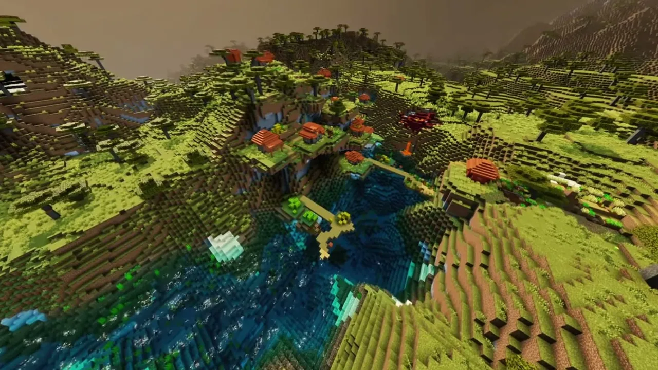 Valley of Falling Water: closer view of acacia houses and wooden piers beside the valley water streams
