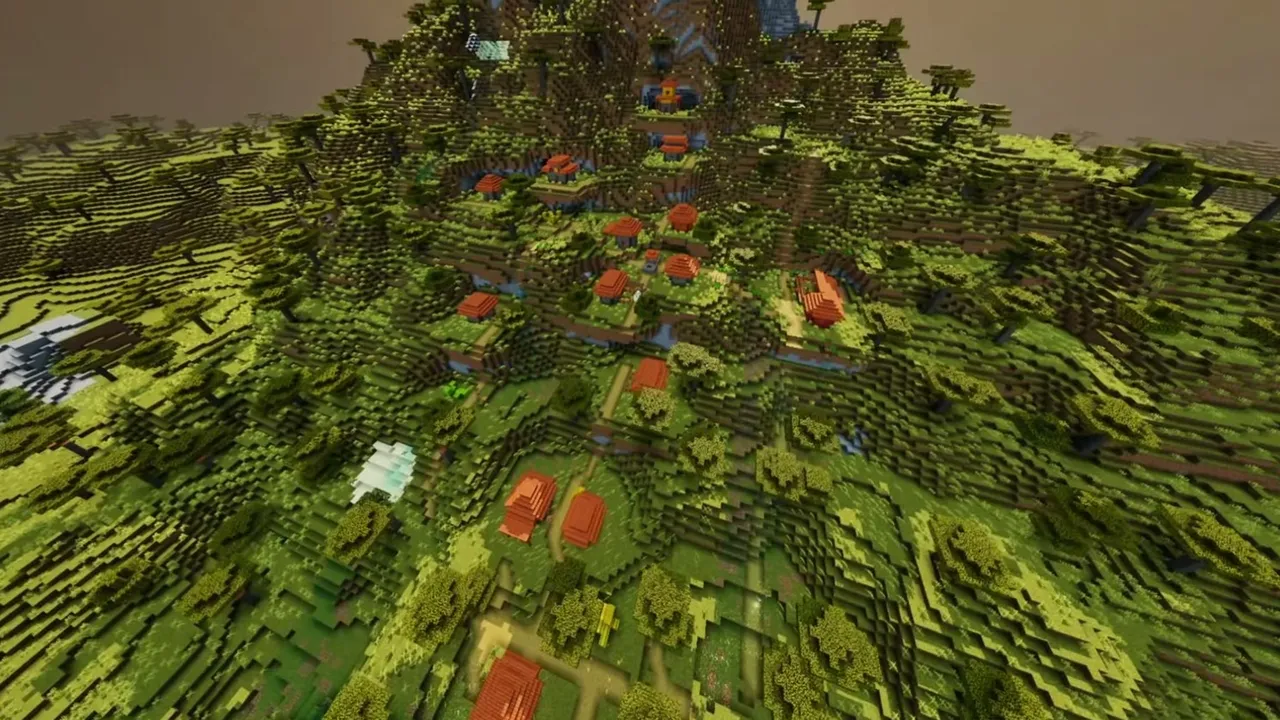Golden Mountain Kingdom: closer view of acacia village houses clustered on the steep savanna slope
