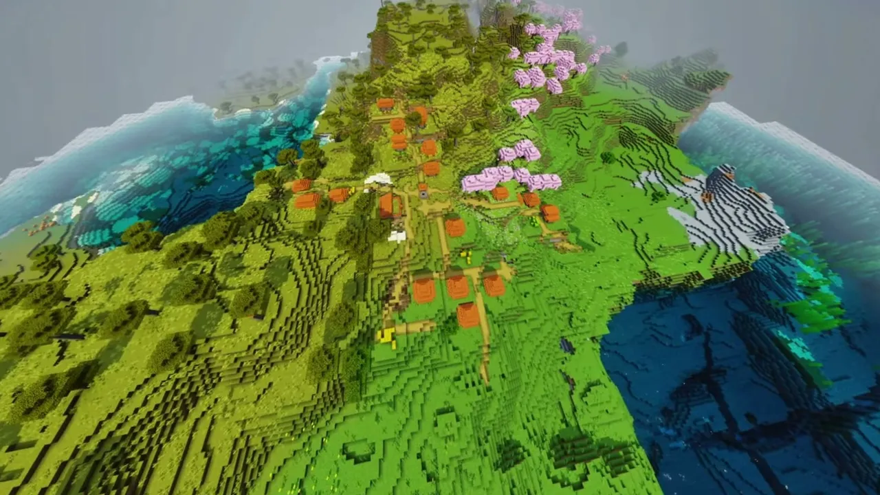 Four Seasons Plateau: closer view of acacia village houses next to pink cherry grove trees and snow