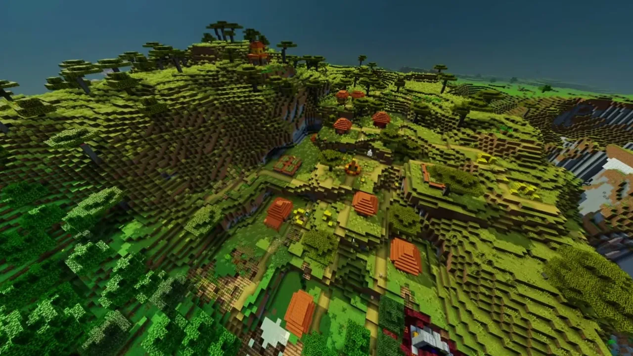 Forest Edge Savanna Village: closer view of acacia village houses and a ruined portal on the ridge above the canyon