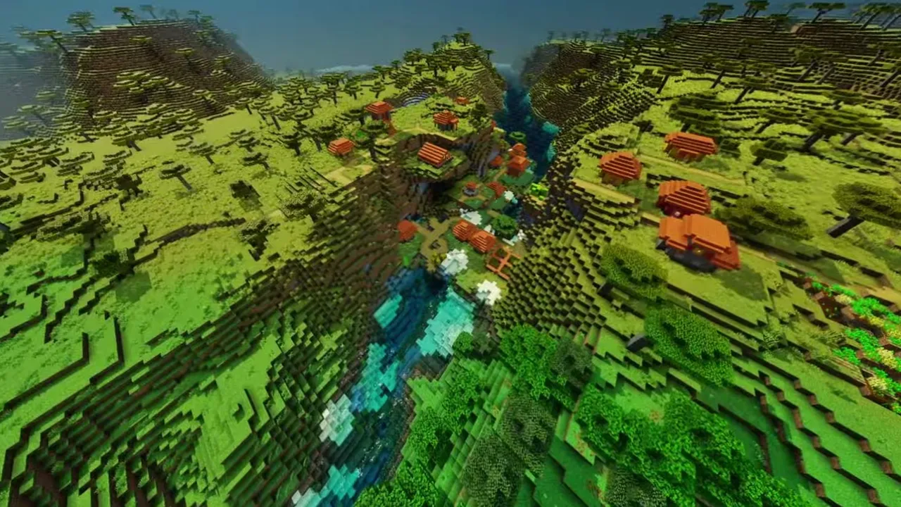Sunken Savanna Village: closer view of acacia village houses along the river channel in the basin