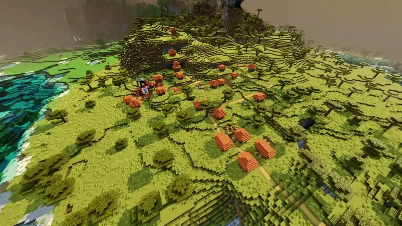 Coastal Adventure Spawn: closer view of acacia village huts and dirt paths on the grassy slope