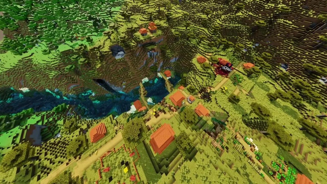 Savanna Borderlands Village: closer view of acacia village roofs and a ruined portal along the forest river border