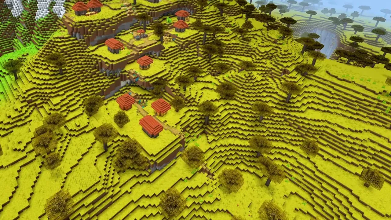 Stony Peak Savanna Village: closer view of orange acacia village houses and terraced paths on the hill slope