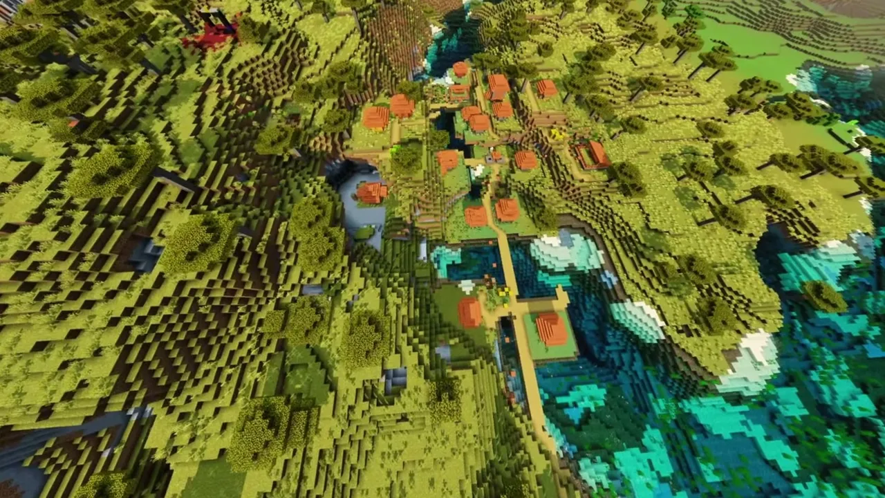 Golden Stairway Village: overhead closer view of acacia cabins stepping up the slope above riverside farms