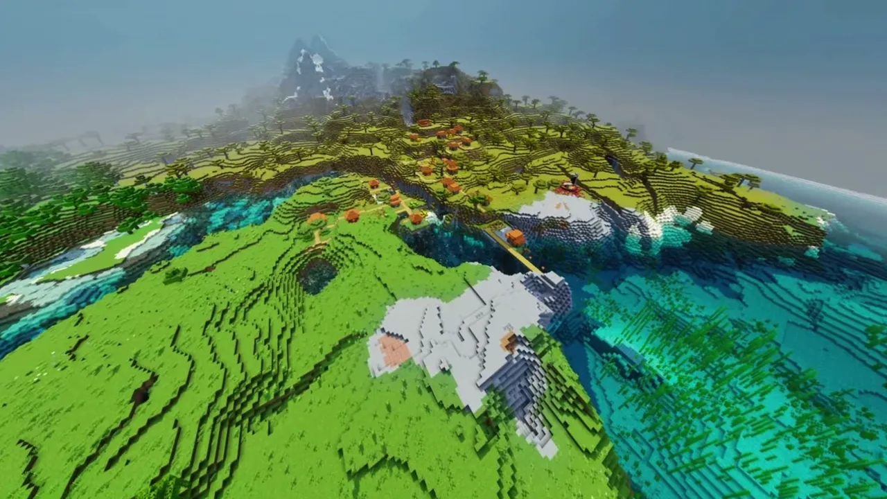 Endless Savanna Settlement: wide aerial view of a coastal savanna village with a snowy mountain peak behind it
