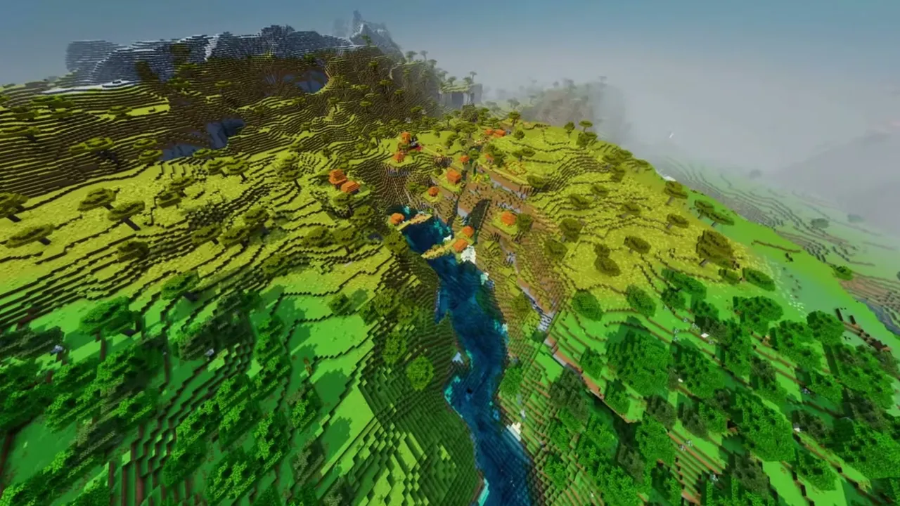 Savanna Borderlands Village: wide aerial view of a river dividing a savanna hillside village and a green oak forest