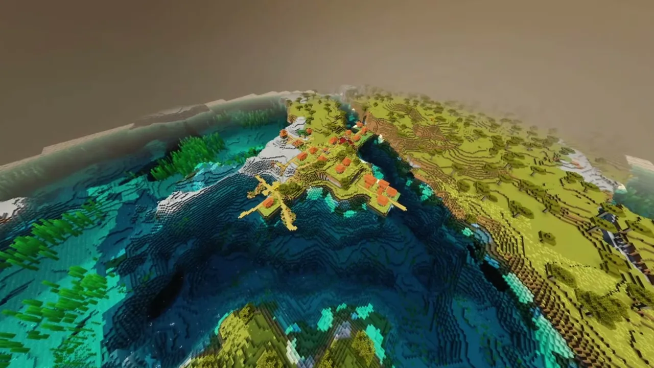 Savanna Harbor Village: wide aerial view of a savanna village on a peninsula in a deep blue harbor