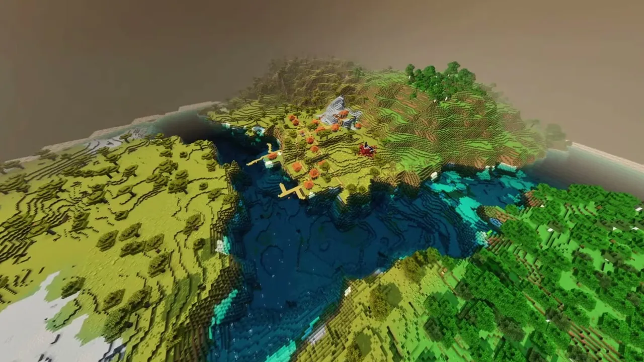 Crescent Coast Settlement: wide view of a coastal savanna village at the mouth of a river bay