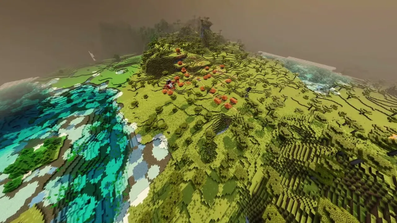Coastal Adventure Spawn: wide view of a coastal savanna hillside village beside a turquoise bay