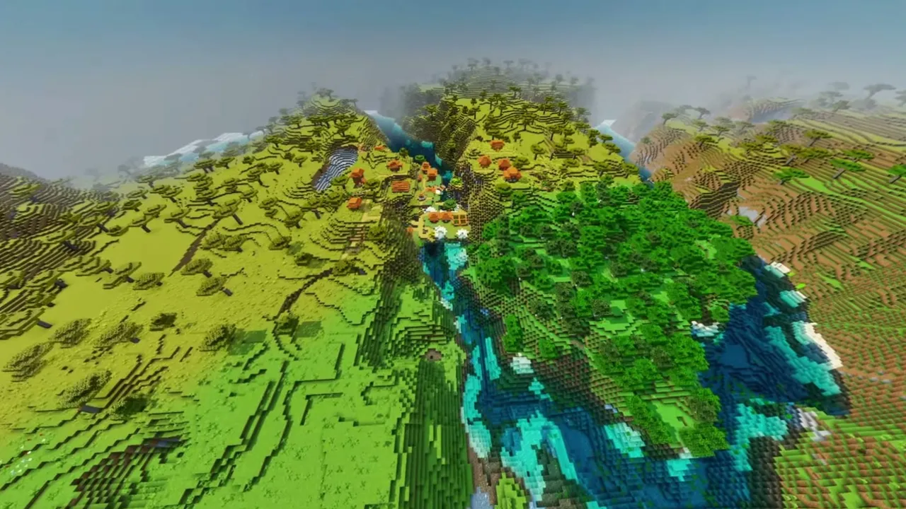 Sunken Savanna Village: wide view of a curving river loop surrounding a low savanna basin and village