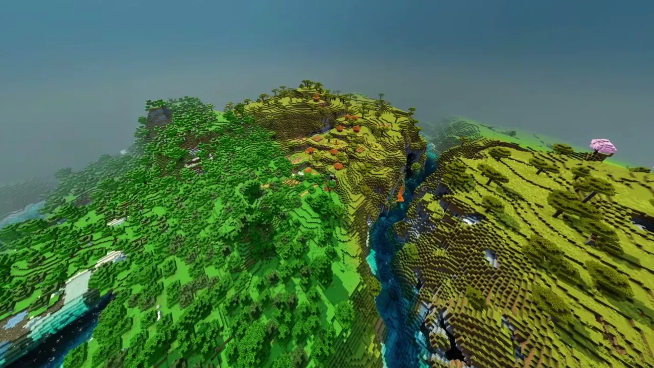 Forest Edge Savanna Village: wide view of a deep river canyon between a green forest and a savanna ridge