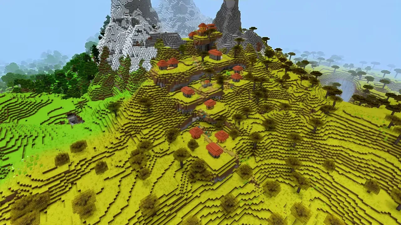 Stony Peak Savanna Village: wide view of a savanna hillside village below a jagged stony mountain peak