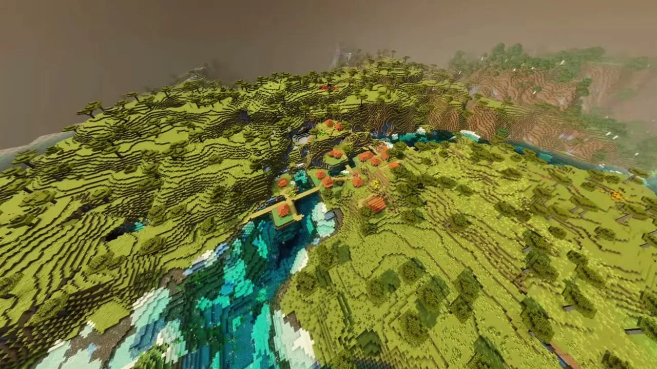 Golden Stairway Village: wide view of a savanna hillside village and river crossing
