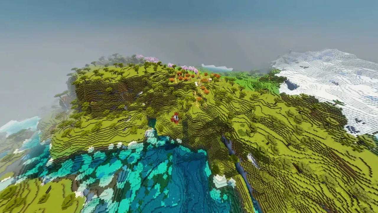 Four Seasons Plateau: wide view of a savanna plateau bordering a snowy slope and coastal bay