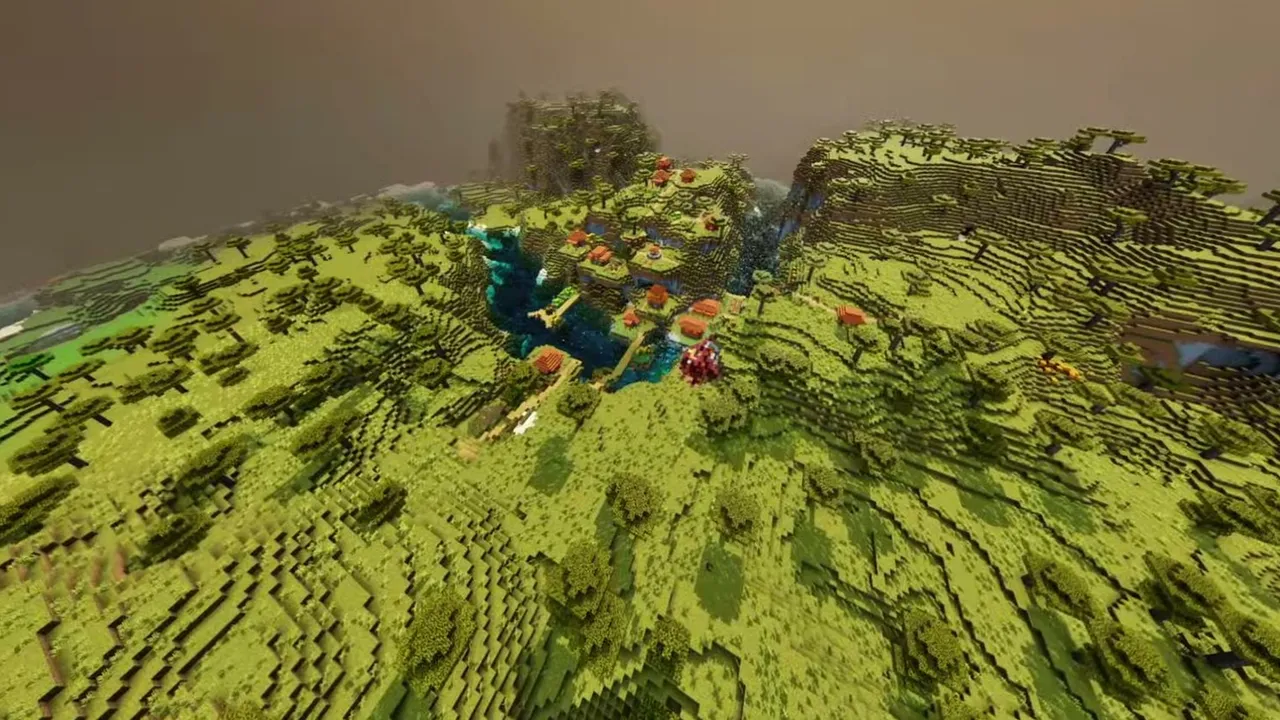 Valley of Falling Water: wide view of a savanna valley with a river pool, ruined portal, and acacia village
