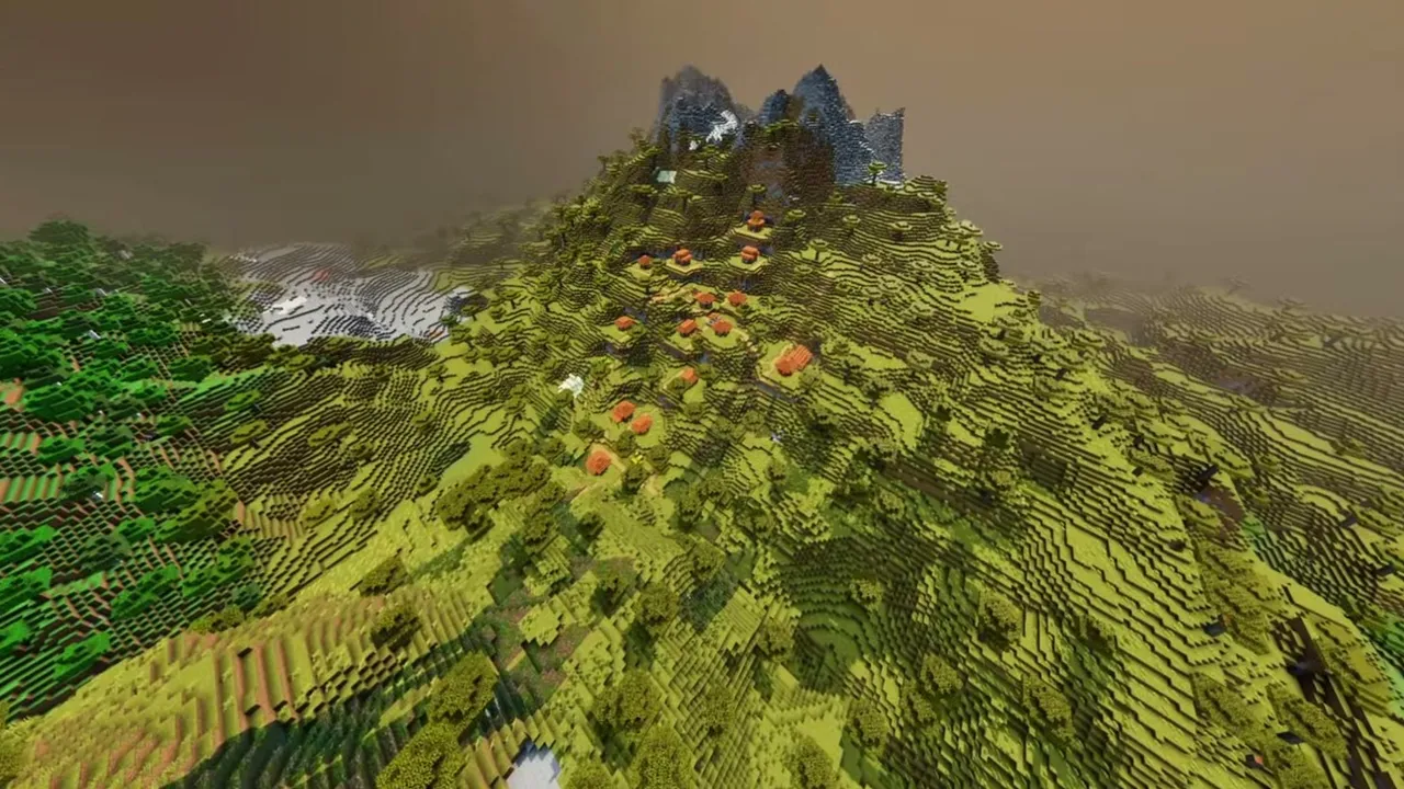 Golden Mountain Kingdom: wide view of a tall savanna mountain with a stony peak and hillside village
