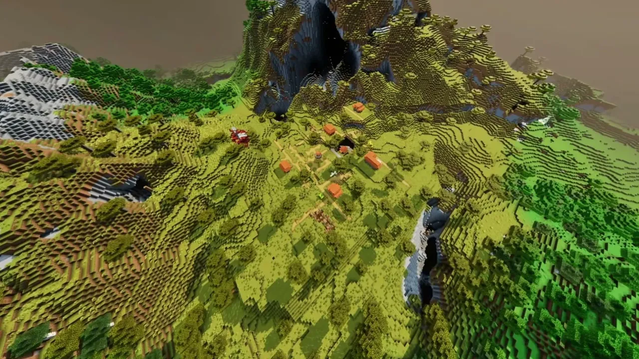 Broken Savanna Arch Village: wide view of a tall stone arch in a savanna biome with an acacia village underneath