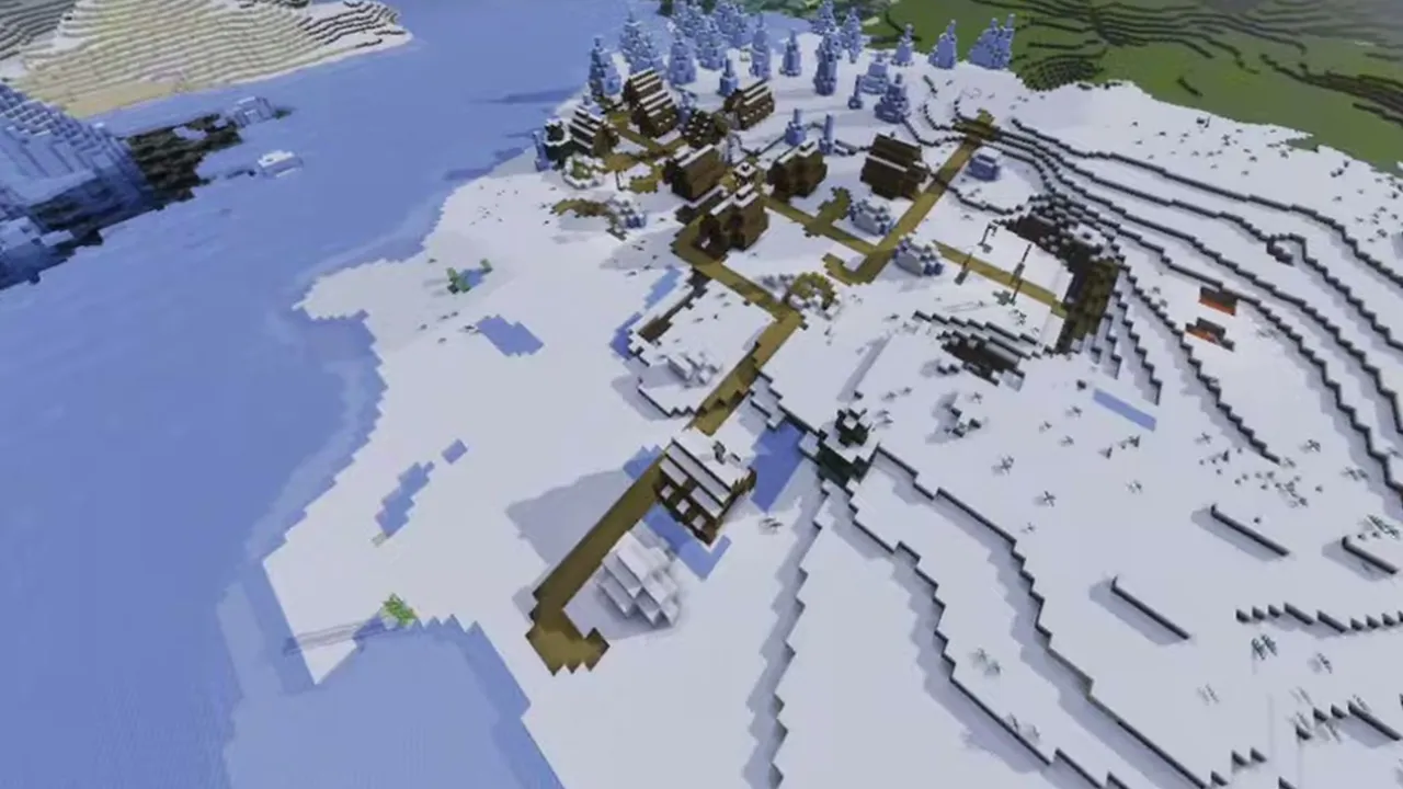 Snowy Peninsula Village Opposite Icebergs: Closer view of shoreline cottages and dirt paths along the frozen water