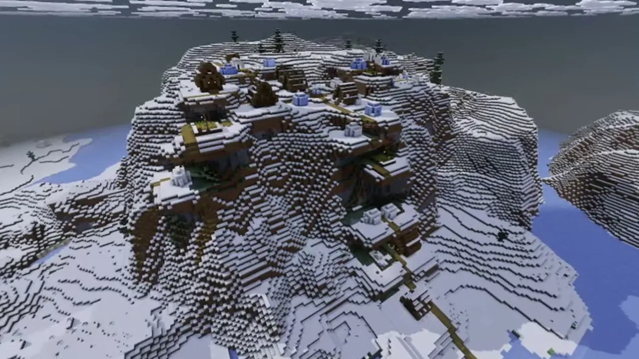 Hilltop Snowy Village Over Frozen Water: Closer view of snowy village houses and terraced paths on the hilltop