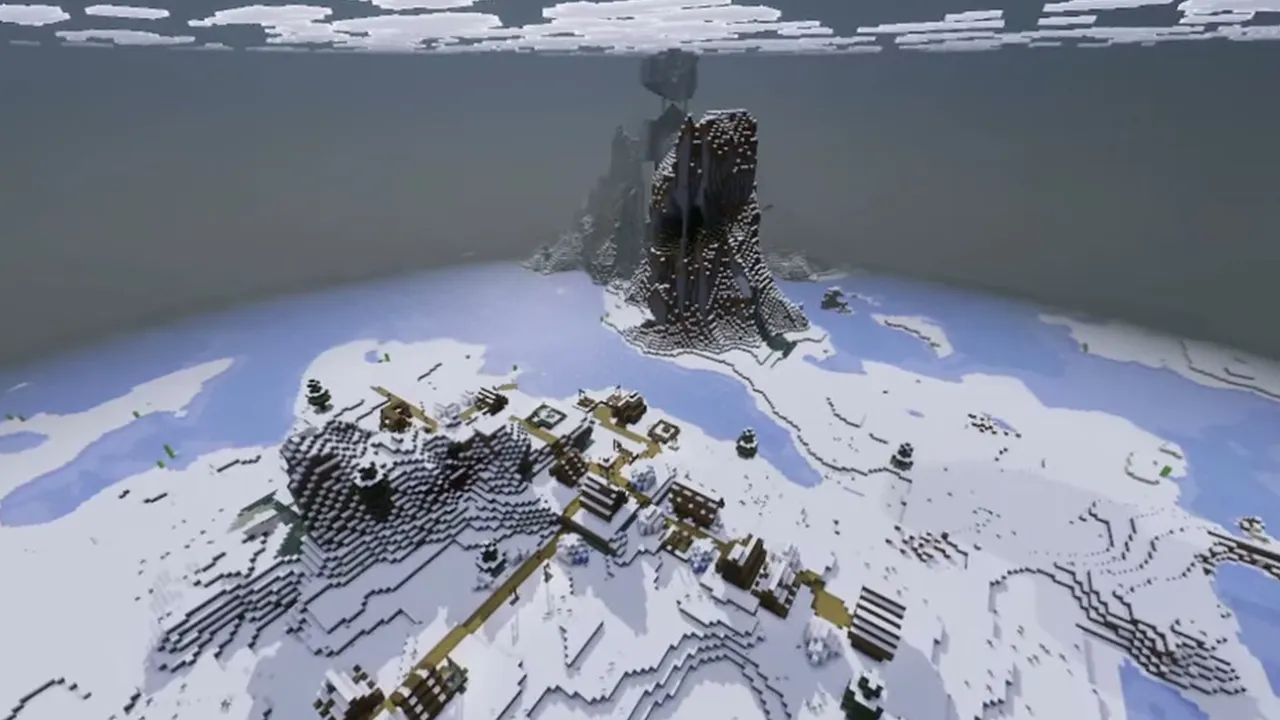 Snowy Village Below Crag Pillager Outpost: Closer view of the cliffside pillager outpost rising above the snowy village houses