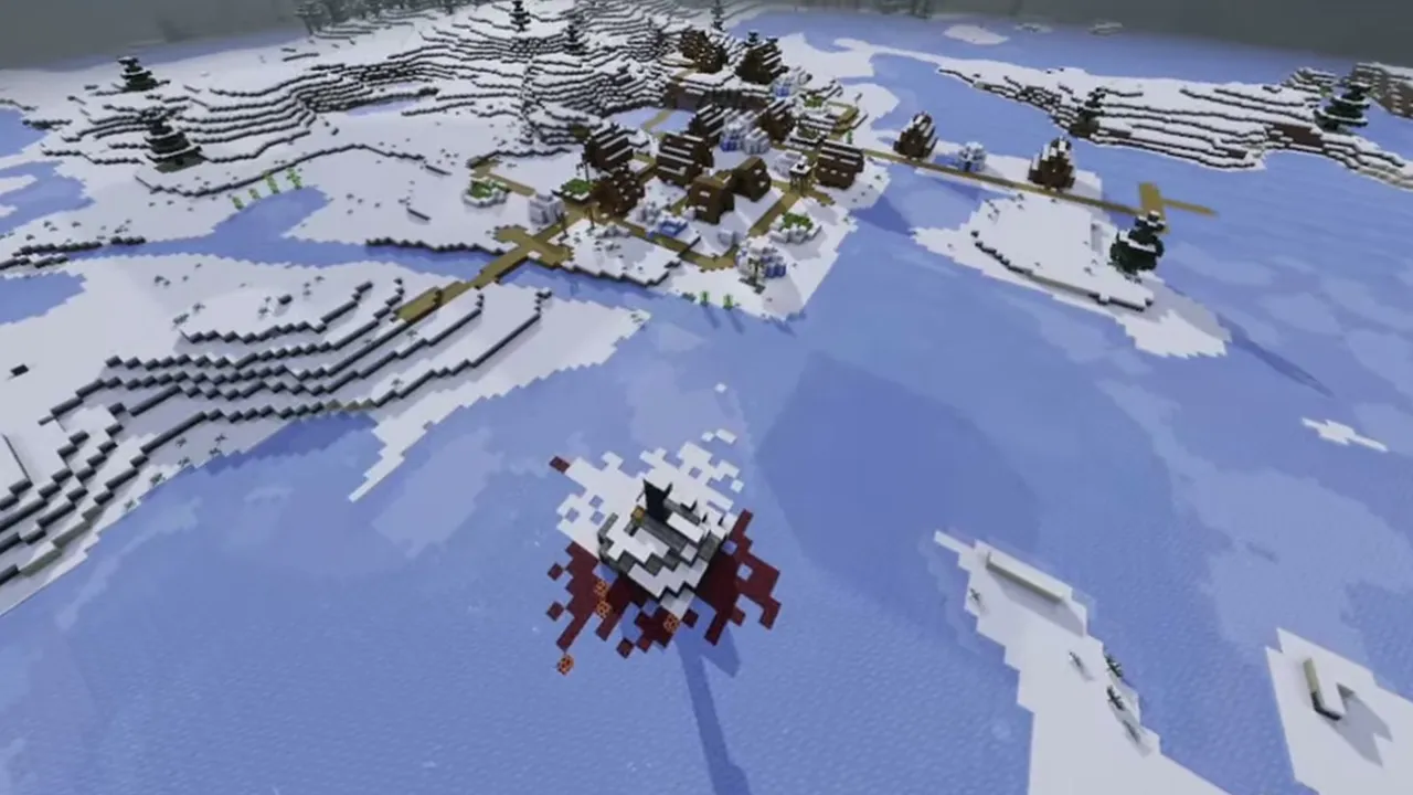 Frozen Coast Village and Ruined Portal: Closer view of the ruined portal frame and snowy village buildings across the ice