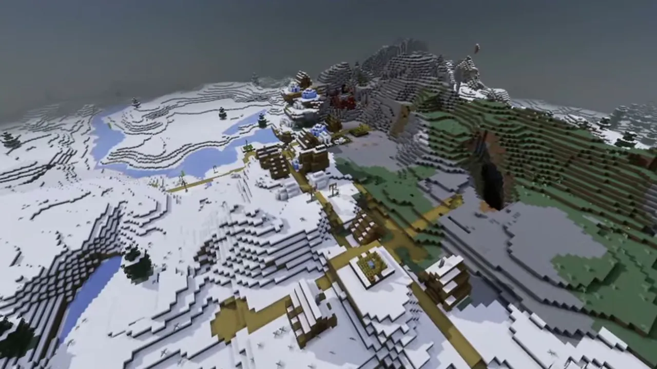 Snow Ridge Village with Hilltop Ruined Portal: Closer view of the village paths and the ruined portal on the rocky hillside