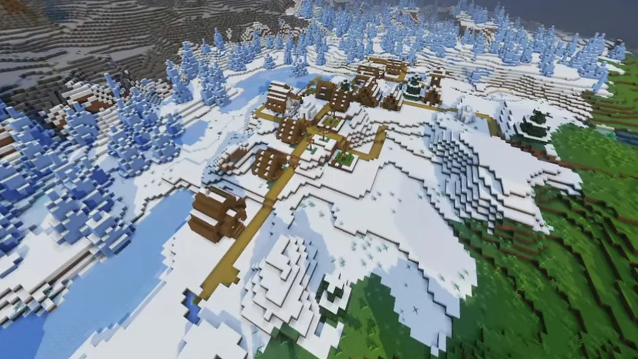 Biome Border Snowy Village Beside Ice Spikes: Closer view of village houses and paths between blue ice spikes and green grass