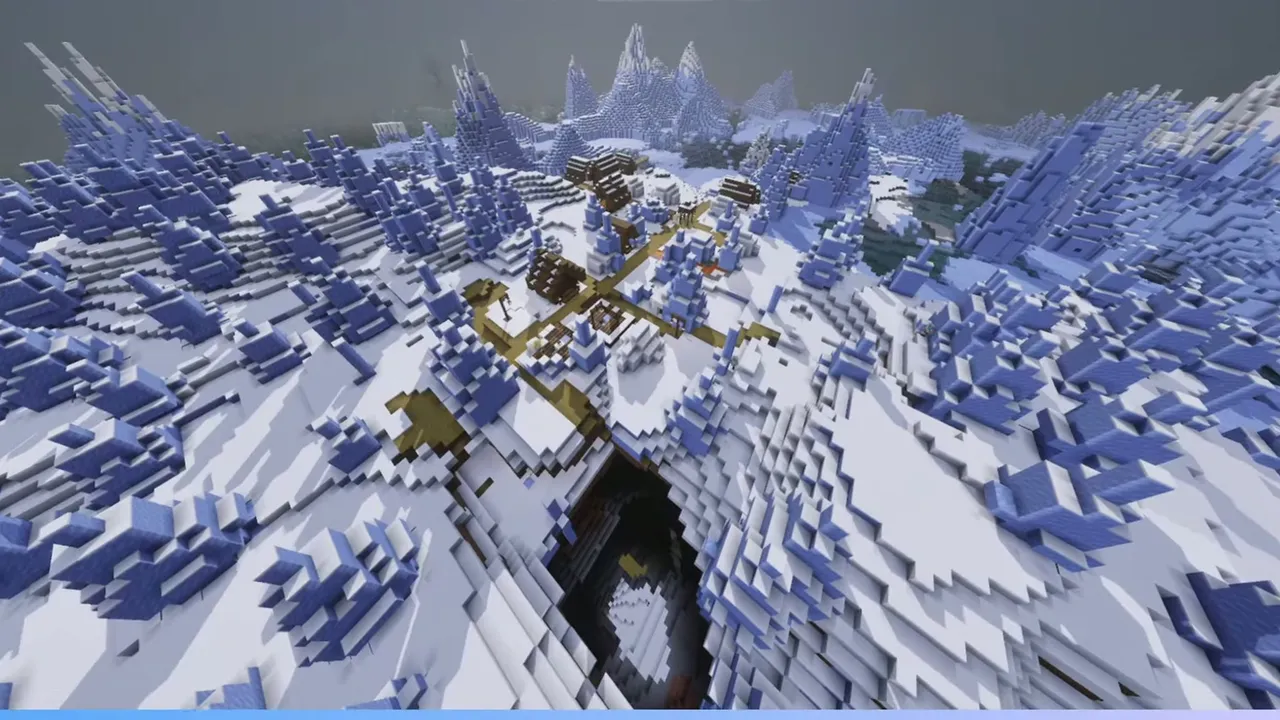 Ice Spikes Snowy Village Above Ravine: Wide aerial view of a snowy village surrounded by packed ice spikes