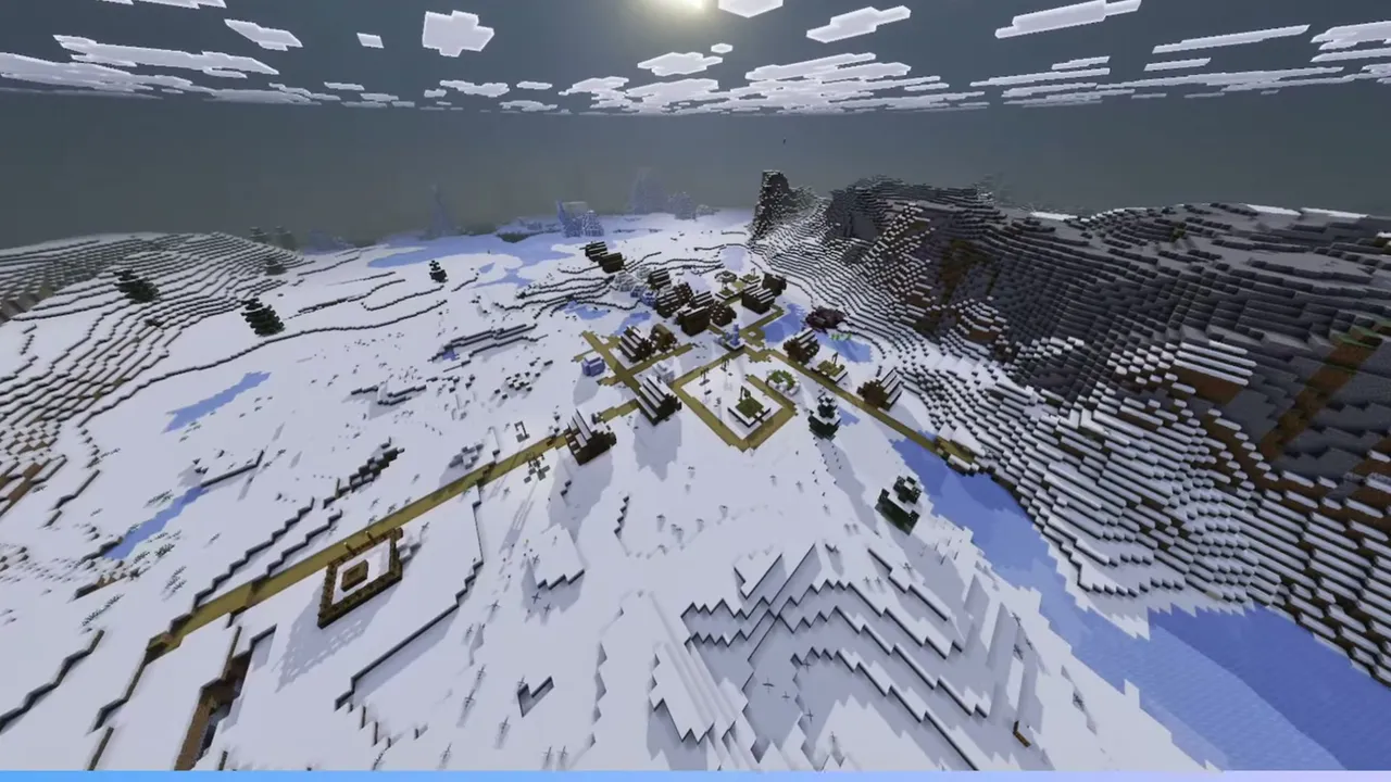 Snowy Hillside Village Beside Stone Cliffs: Wide view of a snowy hillside village bordered by dark stone cliffs