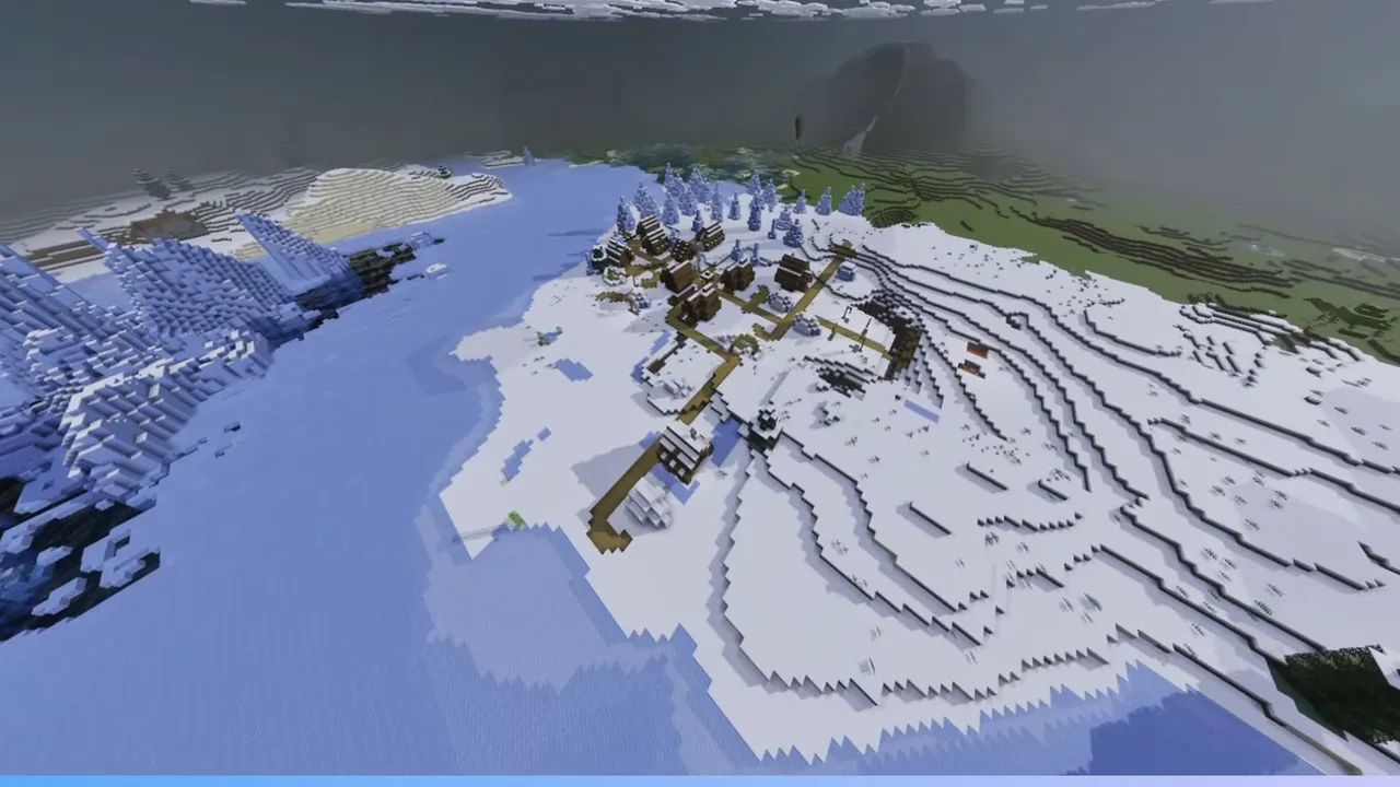 Snowy Peninsula Village Opposite Icebergs: Wide view of a snowy peninsula village facing icebergs across a frozen channel