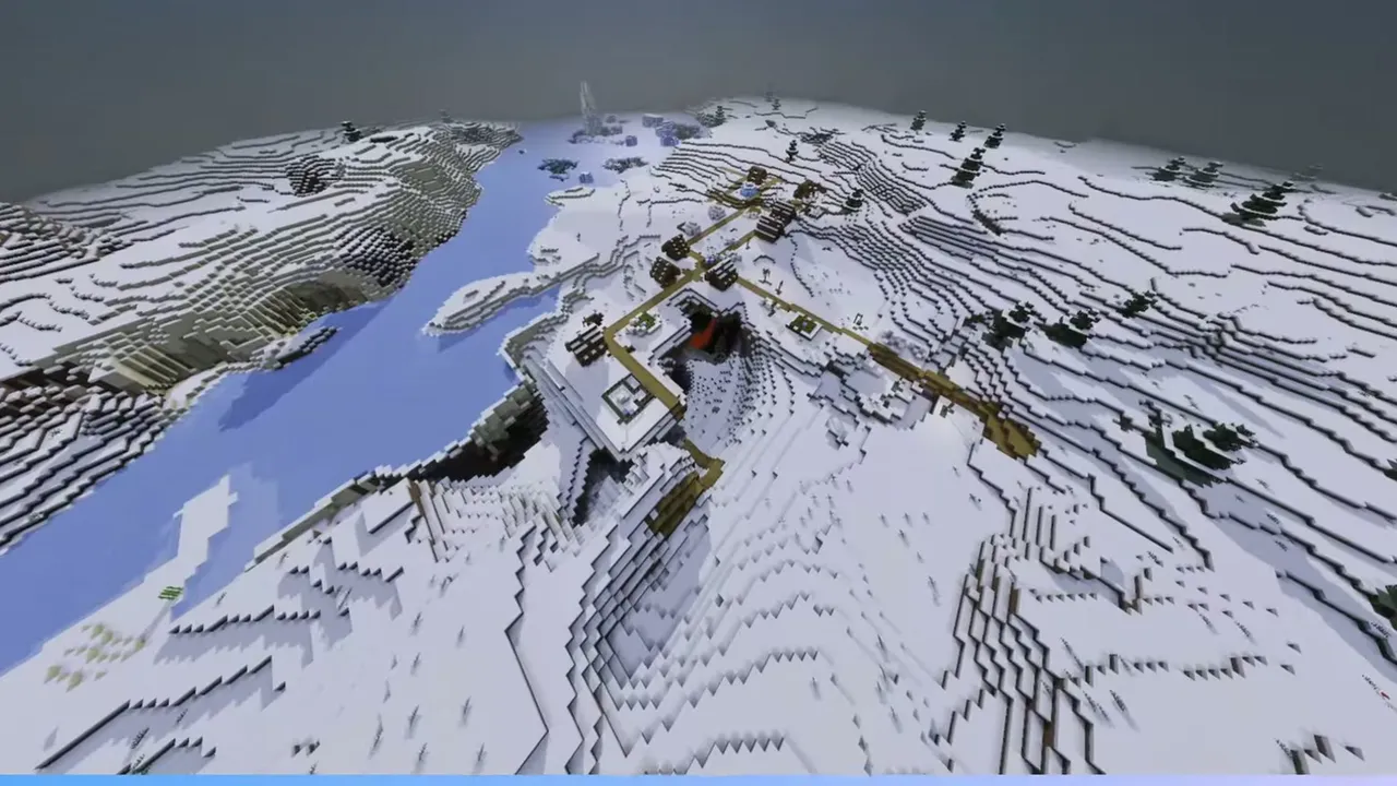 Coastal Snow Ridge Village Split by Ravine: Wide view of a snowy ridge village beside open water with a central ravine