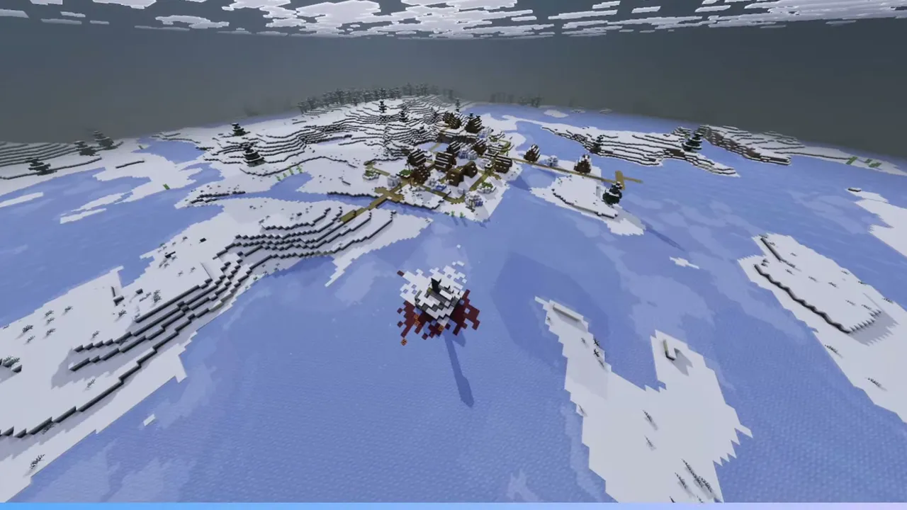 Frozen Coast Village and Ruined Portal: Wide view of a snowy village on frozen water with a ruined portal in the foreground