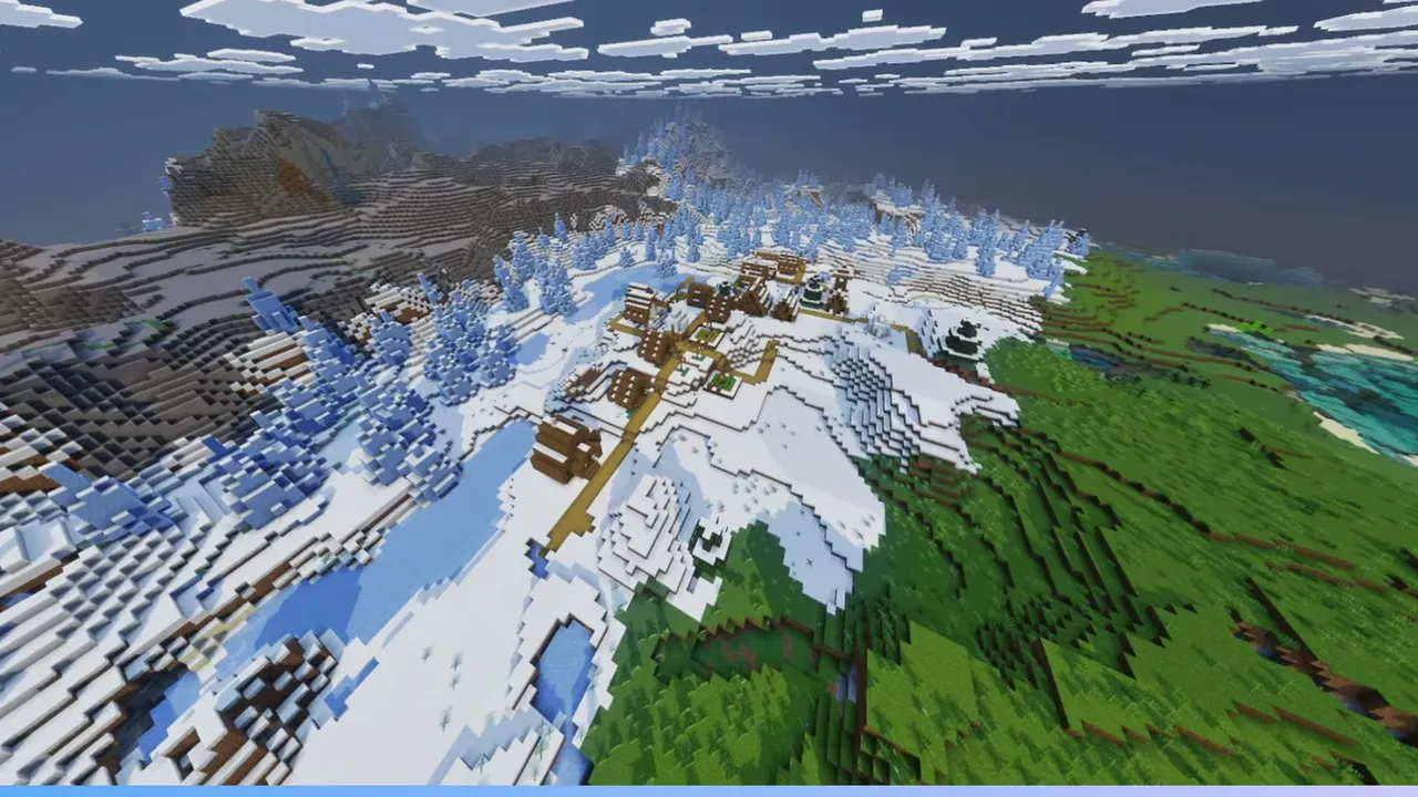 Biome Border Snowy Village Beside Ice Spikes: Wide view of a snowy village on the border between ice spikes and green hills