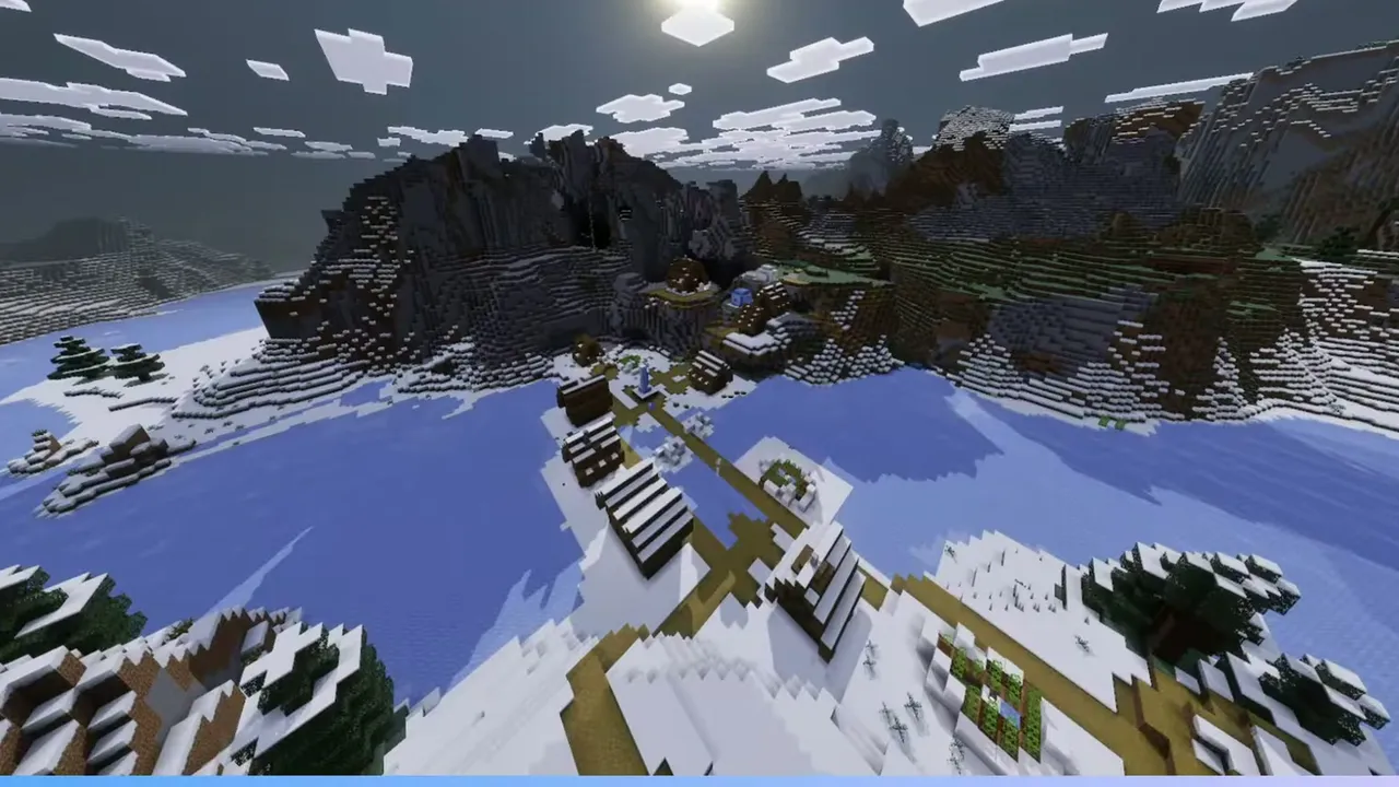 Frozen Bay Village Under Dark Mountain Cliffs: Wide view of a snowy village on a frozen bay beneath dark rocky mountains