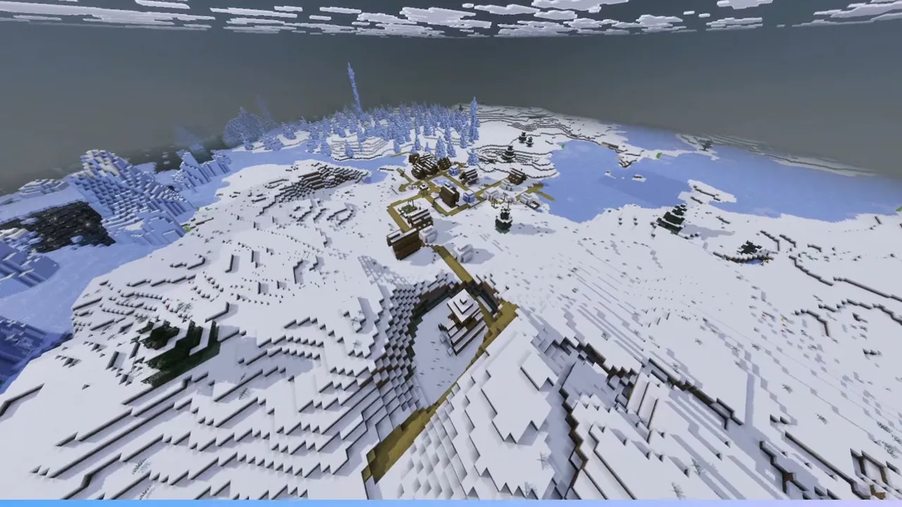 Curved Ravine Snowy Village Near Ice Coast: Wide view of a snowy village with a curved ravine in the foreground and ice coast behind