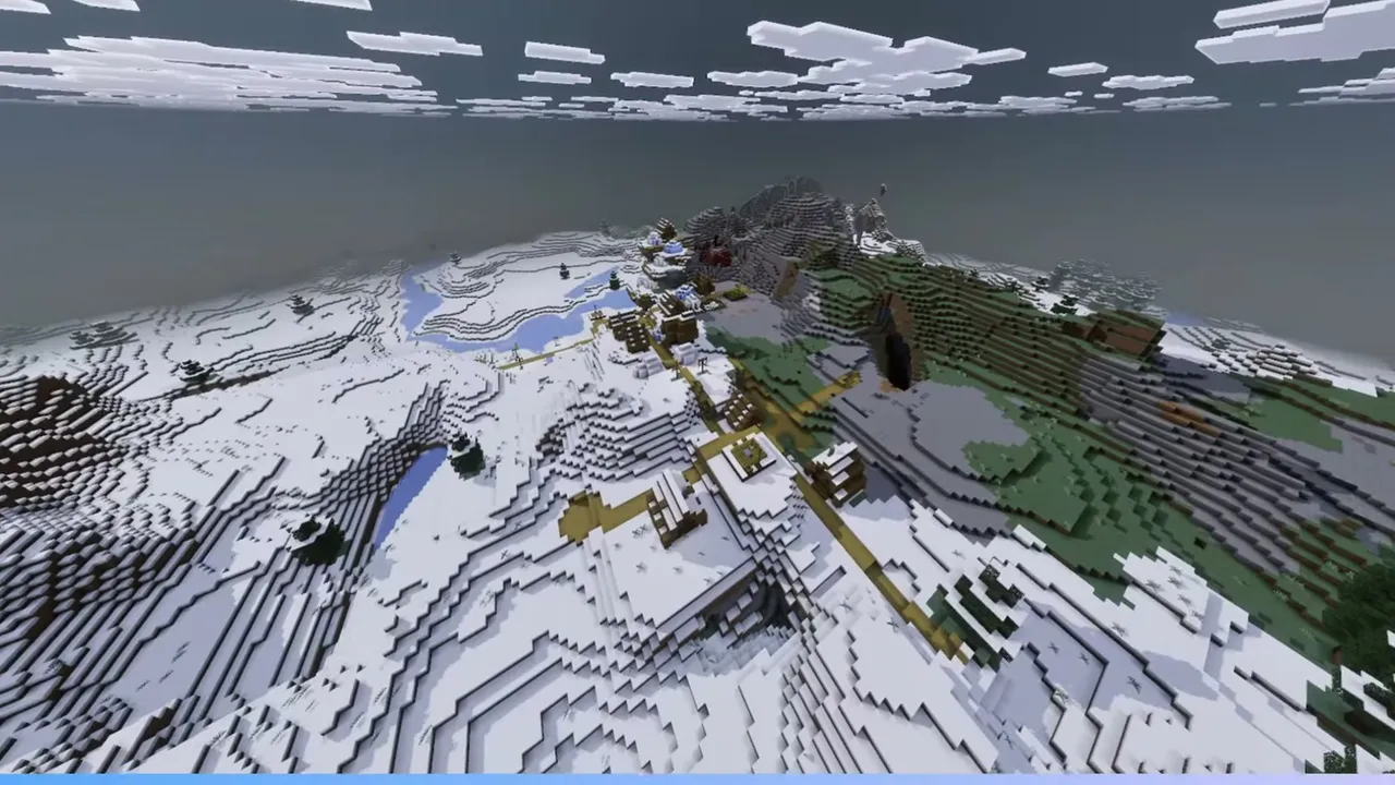 Snow Ridge Village with Hilltop Ruined Portal: Wide view of a village along the border of snow plains and green spruce hills