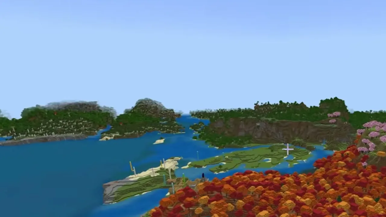Dappled Forest Spawn & Stronghold Portal Room: Aerial view of an orange dappled forest and pink cherry grove beside a river bay