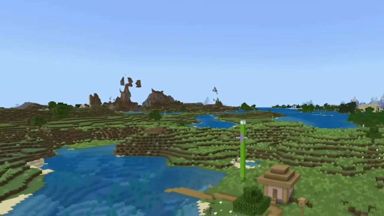 Triple-Blacksmith Stronghold Village & Sulfur Cave: Plains village beside a river bay at spawn in Minecraft Bedrock