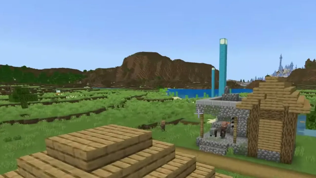 Double-Blacksmith Village & Soul Sand Valley Fortress: Plains village blacksmith and wooden roof with a cherry grove hill in the distance