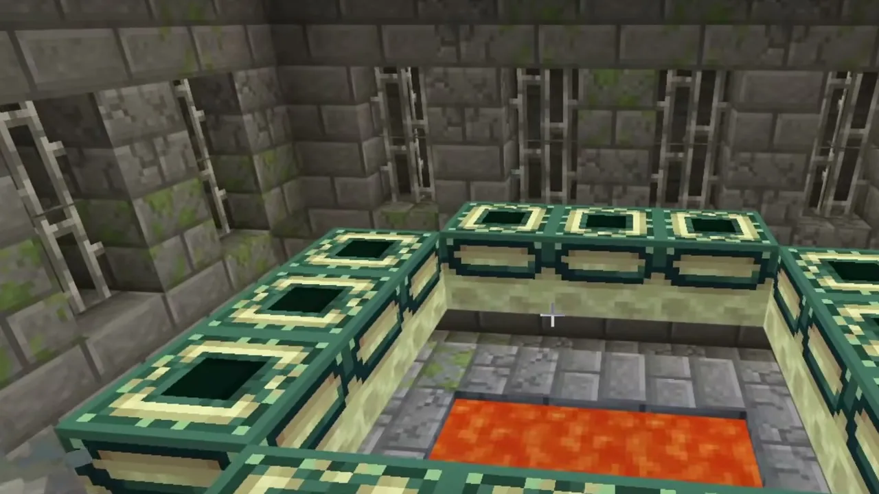 Coastal Village, Bay Ruined Portal & Stronghold: Stronghold end portal room with twelve end portal frames above a lava pool