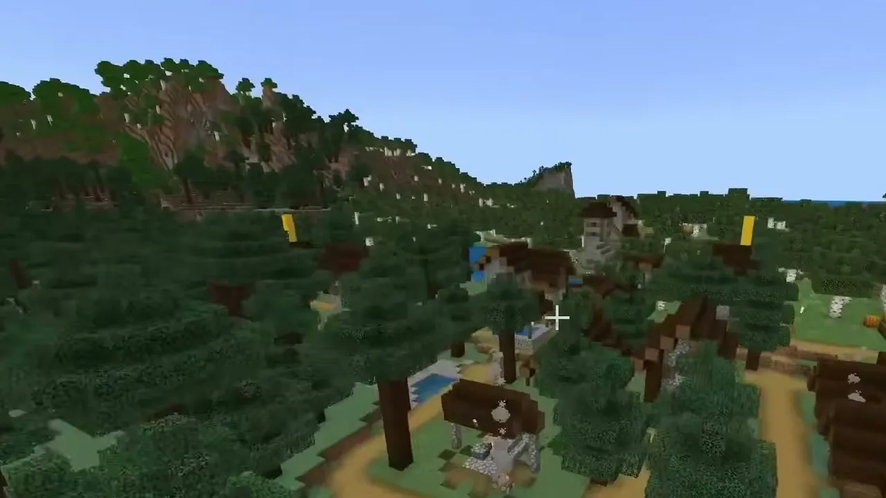 Valley Village & Copper Trial Chamber: Taiga and plains village spread across a green valley below forested hills