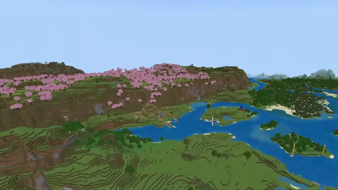 Cherry Grove River Spawn & Stronghold Portal: Wide view of a cherry grove hillside overlooking a river delta and green plains